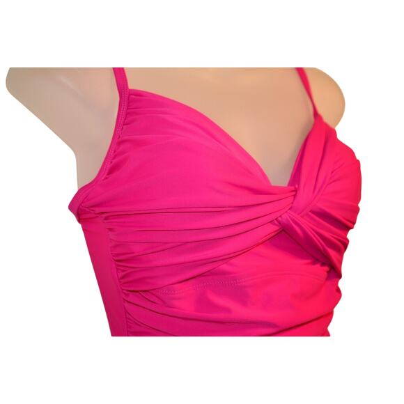 Hilor Women's 8 Ruched Twist Front One Piece Swimsuit Tummy Control Hot Pink NWT - Picture 9 of 12